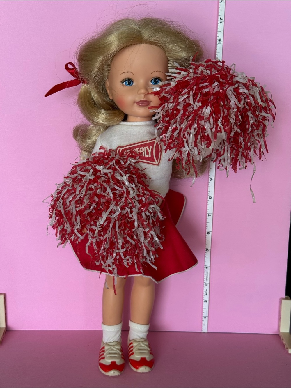 80s VINTAGE TOMY 17" KIMBERLY DOLL in CHEERLEADING OUTFIT with Red Pom-Poms